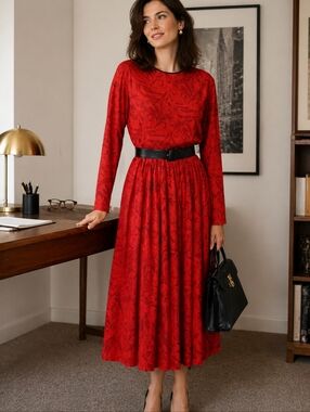 Vtg 90s long sleeve red print belted flowy chiffon cottagecore midi dress Sz 8
